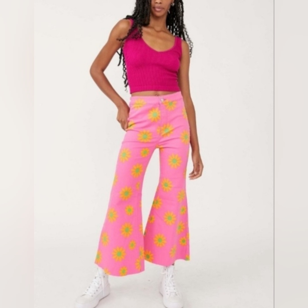 NWT - Free People Youthquake Printed Crop Flare Jeans in Lipstick Combo